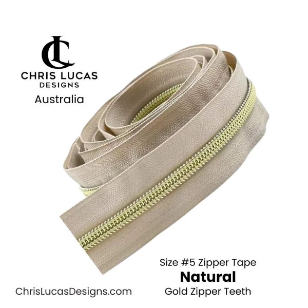 Natural Zipper Tape with Gold Zipper Teeth Size #5 Australian Bag Making Supplies Australia Chris Lucas Designs