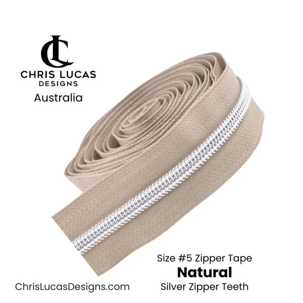 Natural Zipper Tape with Silver Zipper Teeth - Chris Lucas Designs - Handbag Zipper Tape Australia