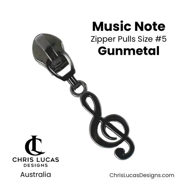 Music Note Zipper Pulls Size #5 Gunmetal Australian Sewing and Bag Making Supplies Australia Chris Lucas Designs Handbag Hardware