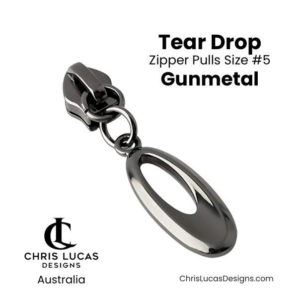 Tear Drop Zipper Pulls Size #5 Gunmetal Australian Sewing and Bag Making Supplies Australia Chris Lucas Designs Handbag Hardware