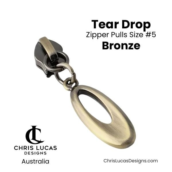 Tear Drop Zipper Pulls Size #5 Bronze Australian Sewing and Bag Making Supplies Australia Chris Lucas Designs Handbag Hardware