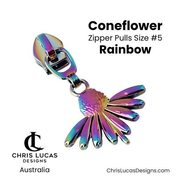 Coneflower Zipper Pulls Size #5 Rainbow Australian Sewing and Bag Making Supplies Australia Chris Lucas Designs Handbag Hardware