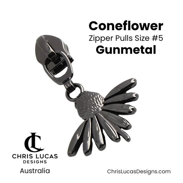 Coneflower Zipper Pulls Size #5 Gunmetal Australian Sewing and Bag Making Supplies Australia Chris Lucas Designs Handbag Hardware