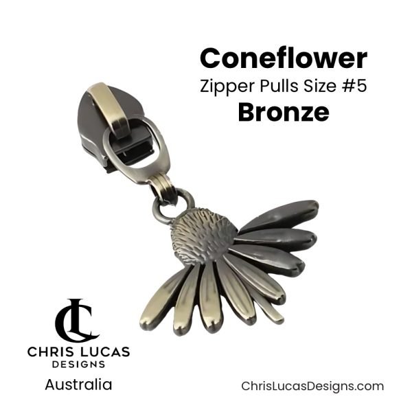 Coneflower Zipper Pulls Size #5 Bronze Australian Sewing and Bag Making Supplies Australia Chris Lucas Designs Handbag Hardware