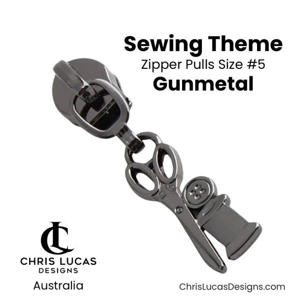 Sewing Theme Zipper Pulls Size #5 Gunmetal Australian Bag Making Supplies Australia Chris Lucas Designs Handbag Hardware