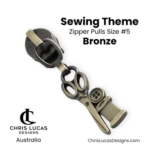 Sewing Theme Zipper Pulls Size #5 Bronze Australian Bag Making Supplies Australia Chris Lucas Designs Handbag Hardware