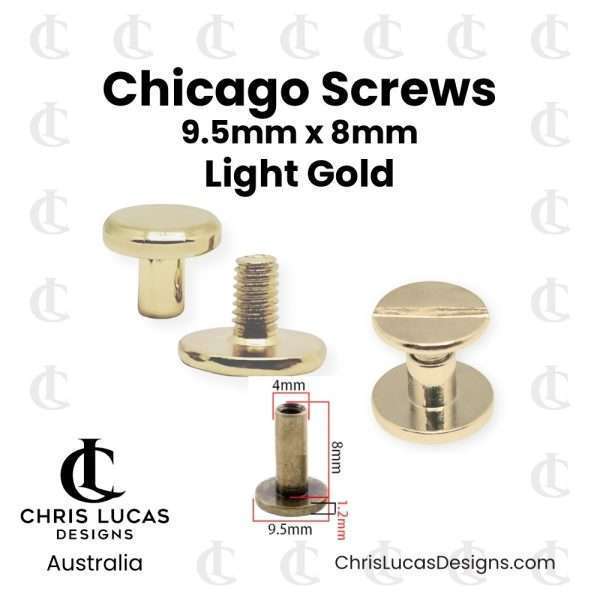 Chicago Screws 8mm Light Gold 20 Pack for securing bag straps, handles and tabs