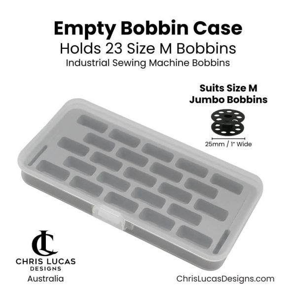 Empty bobbin storage case for 23 Size M industrial sewing machine bobbins from Chris Lucas Designs Australia.
