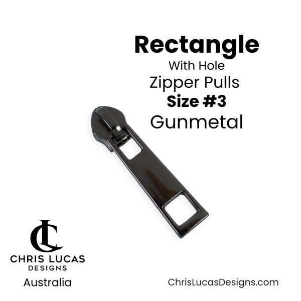 Gunmetal Rectangle with Hole Zipper Pulls Size #3 Australian Bag Making Supplies Australia Chris Lucas Designs Handbag Hardware