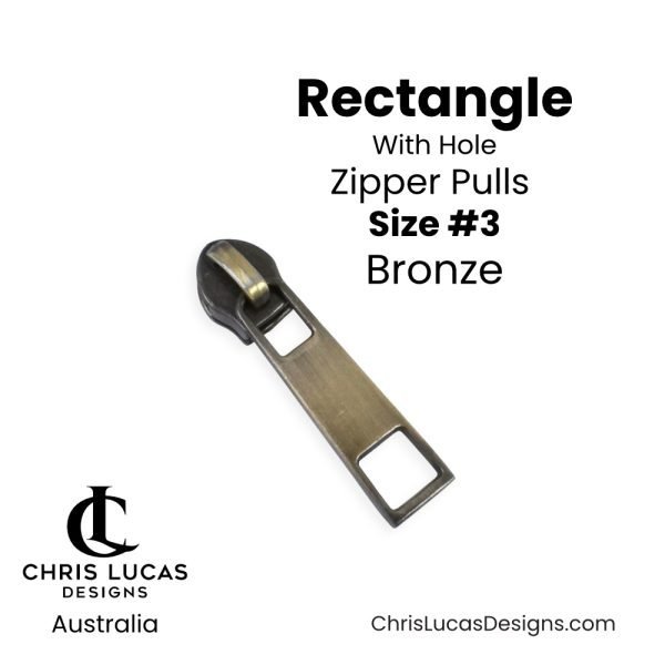 Bronze Rectangle with Hole Zipper Pulls Size #3 Australian Bag Making Supplies Australia Chris Lucas Designs Handbag Hardware