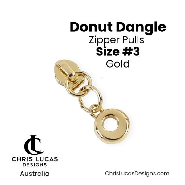 Gold Donut Dangle Zipper Pulls Size #3 Australian Bag Making Supplies Australia Chris Lucas Designs Handbag Hardware