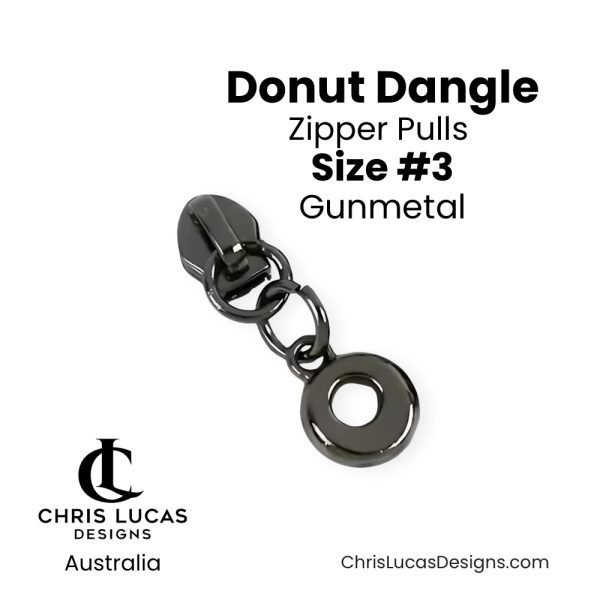 Gunmetal Donut Dangle Zipper Pulls Size #3 Australian Bag Making Supplies Australia Chris Lucas Designs Handbag Hardware
