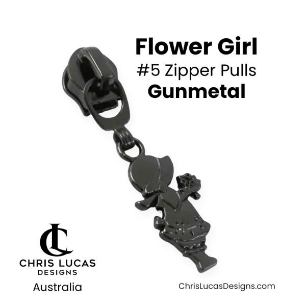Flower Girl Zipper Pulls Size #5 Gunmetal Australian Bag Making Supplies Australia Chris Lucas Designs