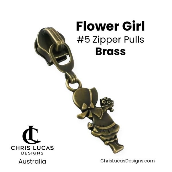 Flower Girl Zipper Pulls Size #5 Brass Australian Bag Making Supplies Australia Chris Lucas Designs