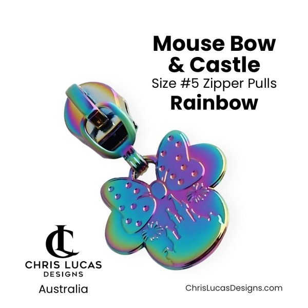 Mouse Ears Bow and Castle Zipper Pulls Size #5 Rainbow Australian Bag Making Supplies Chris Lucas Designs Australia Handbag Hardware