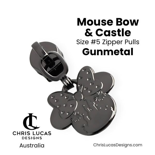 Mouse Ears Bow and Castle Zipper Pulls Size #5 Gunmetal Australian Bag Making Supplies Chris Lucas Designs Australia Handbag Hardware