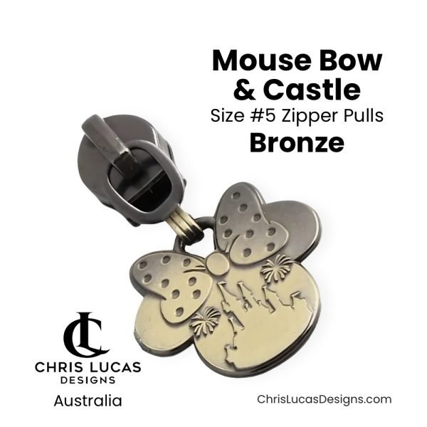 Mouse Ears Bow and Castle Zipper Pulls Size #5 Bronze Australian Bag Making Supplies Chris Lucas Designs Australia Handbag Hardware