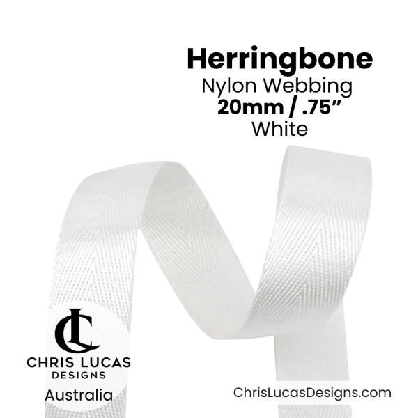 White 20mm Herringbone Nylon Webbing for bag straps and handles from Chris Lucas Designs Australia