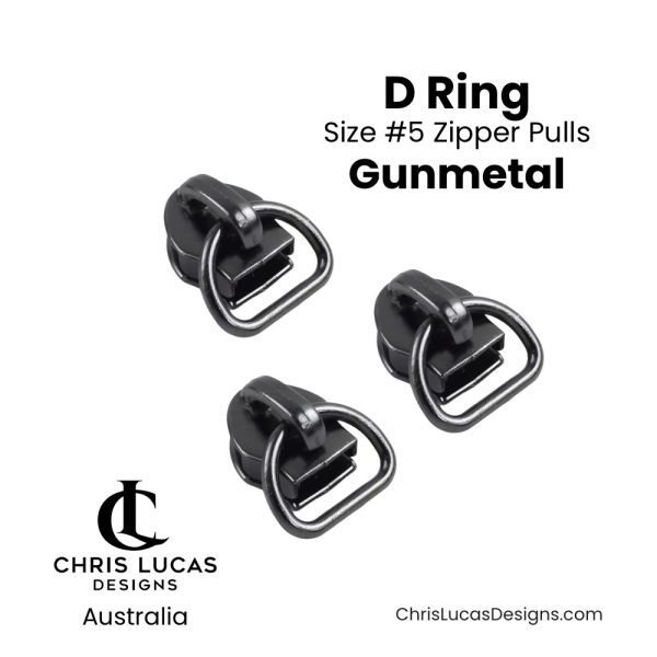 Zipper Sliders with D Rings Size #5 Gunmetal Australian Bag Making Supplies Australia Chris Lucas Designs Handbag Hardware