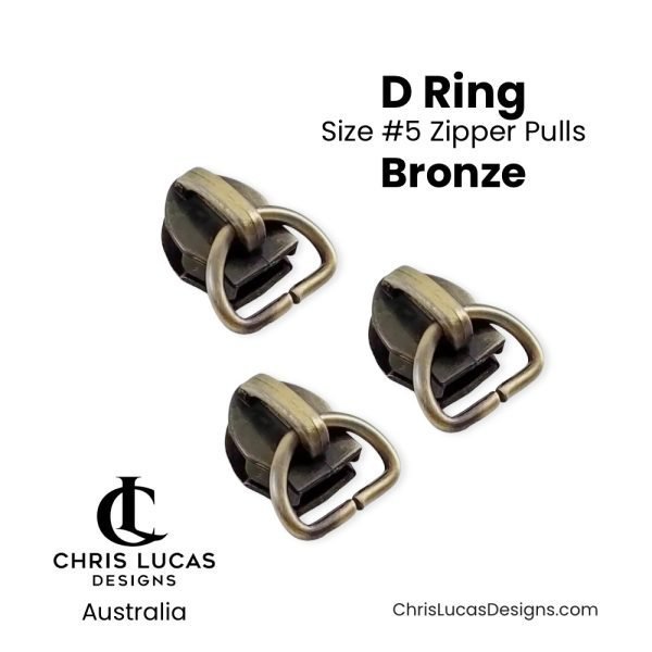 Zipper Sliders with D Rings Size #5 Bronze Australian Bag Making Supplies Australia Chris Lucas Designs Handbag Hardware