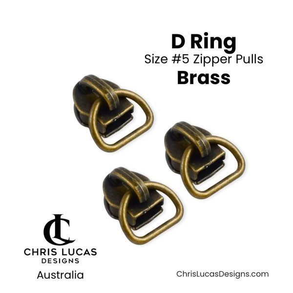 Zipper Sliders with D Rings Size #5 Brass Australian Bag Making Supplies Australia Chris Lucas Designs Handbag Hardware