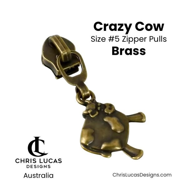 Crazy Cow Zipper Pulls Size #5 Brass Australian Bag Making Supplies Australia Chris Lucas Designs Handbag Hardware