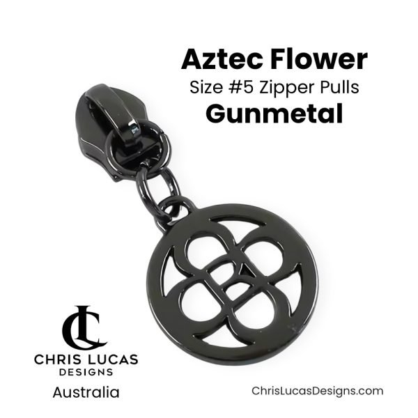 Aztec Flower Zipper Pulls Size #5 Gunmetal Australian Bag Making Supplies Australia Chris Lucas Designs Handbag Hardware