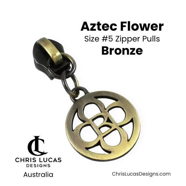 Aztec Flower Zipper Pulls Size #5 Bronze Australian Bag Making Supplies Australia Chris Lucas Designs Handbag Hardware