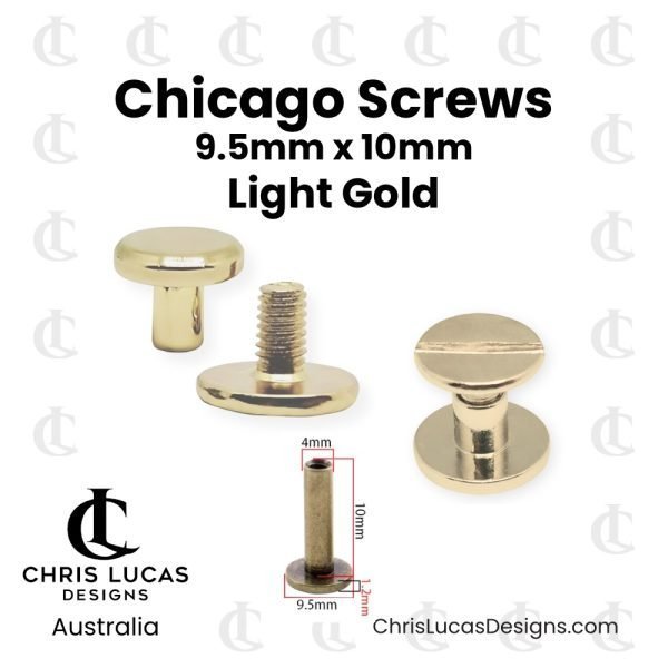 Chicago Screws 10mm Light Gold 20 Pack for securing bag straps, handles and tabs