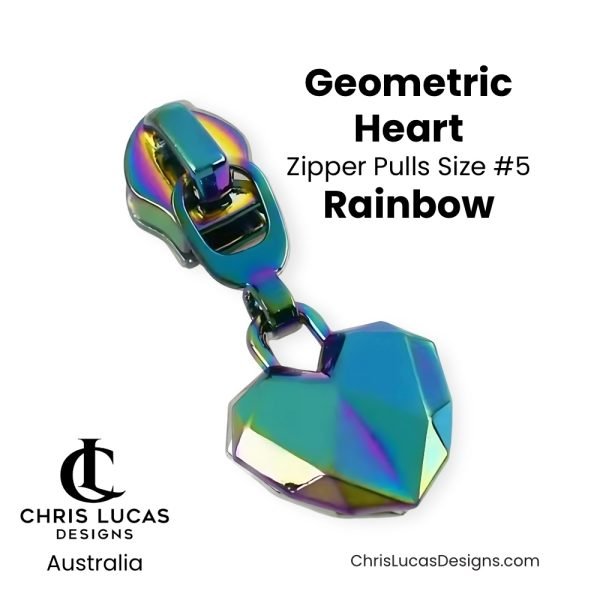 Rainbow Geometric Heart Zipper Pulls Size #5 Australian Sewing and Bag Making Supplies Australia Chris Lucas Designs Handbag Hardware