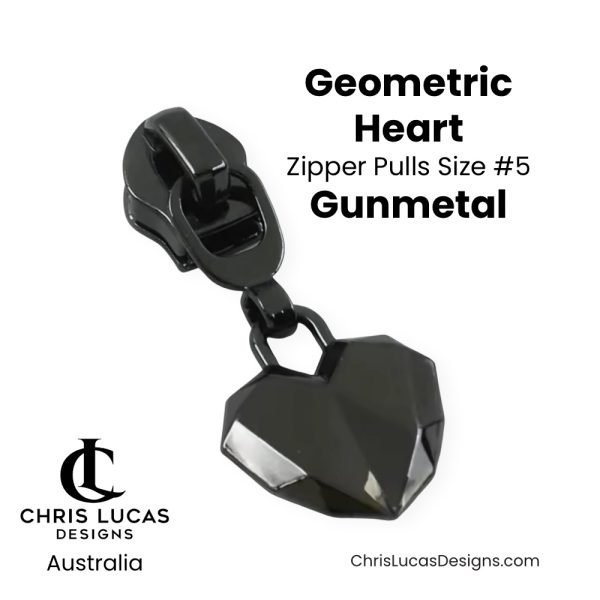Gunmetal Geometric Heart Zipper Pulls Size #5 Australian Sewing and Bag Making Supplies Australia Chris Lucas Designs Handbag Hardware