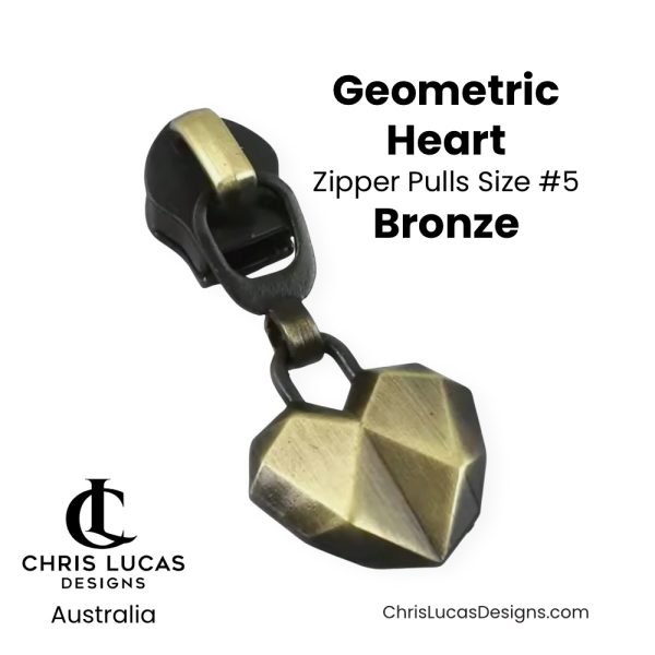 Bronze Geometric Heart Zipper Pulls Size #5 Australian Sewing and Bag Making Supplies Australia Chris Lucas Designs Handbag Hardware