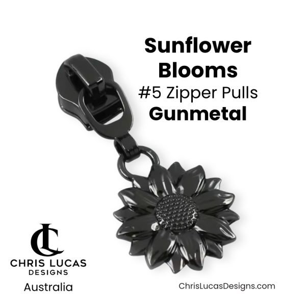 Sunflower Blooms Zipper Pulls Size #5 Gunmetal Australian Sewing and Bag Making Supplies Australia Chris Lucas Designs