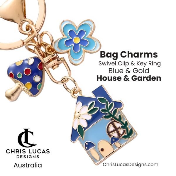 House and Garden Blue Bag Charms with Key Ring and Swivel Clip Bag Making Supplies Chris Lucas Designs Australia