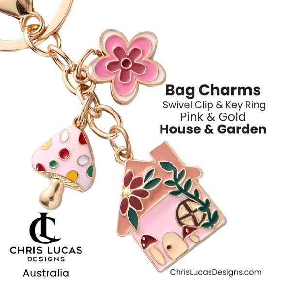 House and Garden Pink Bag Charms with Key Ring and Swivel Clip Bag Making Supplies Chris Lucas Designs Australia