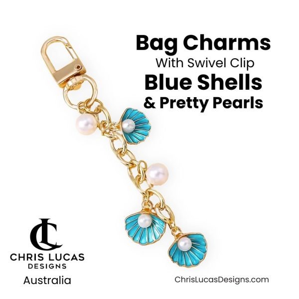 Blue Seashells and Pearls Bag Charm with Swivel Clip Bag Making Supplies Chris Lucas Designs Australia