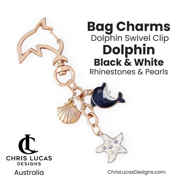 Bag Charms Dolphin Black & White with Rhinestones and Pearls Bag Making Supplies Chris Lucas Designs Australia