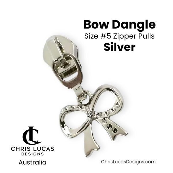 Bow Dangle Zipper Pulls Size #5 Silver Bag Making and Sewing Supplies Australia Chris Lucas Designs