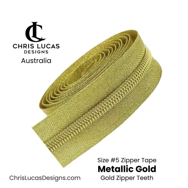 Metallic Gold Zipper Tape with Gold Zipper Teeth Size #5 Australian Bag Making and Sewing Supplies Australia Chris Lucas Designs