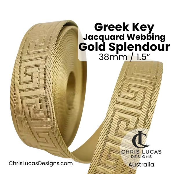 Greek Key Jacquard Webbing 38mm Wide Gold Splendour Bag Making and Sewing Supplies Chris Lucas Designs Australia