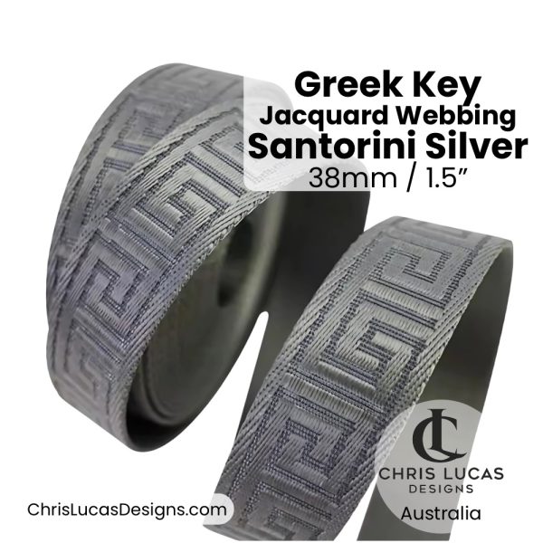 Greek Key Jacquard Webbing 38mm Wide Silver Grey Bag Making and Sewing Supplies Chris Lucas Designs Australia