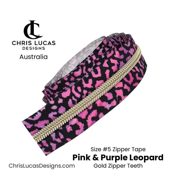 Pink and Purple Leopard Print Zipper Tape with Gold Zipper Teeth Size #5 Australian Bag Making Supplies Australia Chris Lucas Designs