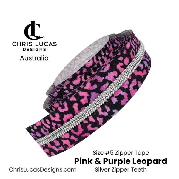 Pink and Purple Leopard Print Zipper Tape with Silver Zipper Teeth Size #5 Australian Bag Making Supplies Australia Chris Lucas Designs