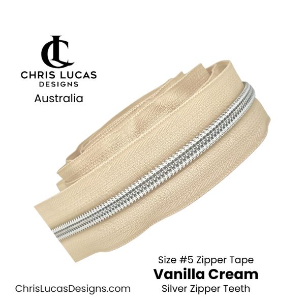 Vanilla Cream Zipper Tape with Silver Zipper Teeth Size #5 Australian Bag Making Supplies Australia Chris Lucas Designs