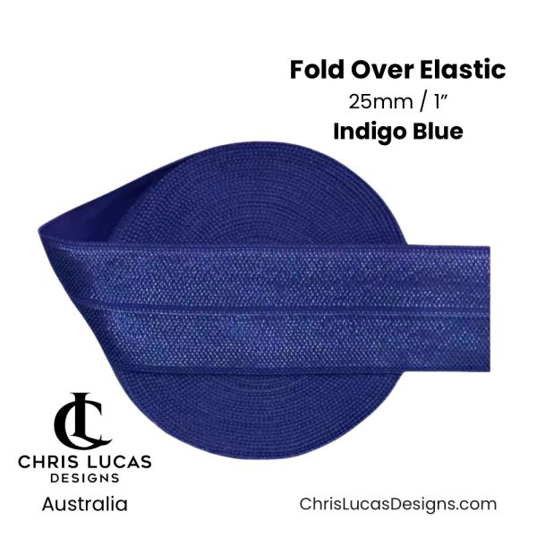 Indigo Blue Fold Over Elastic 25mm / 1” Australian Bag Making Supplies Australia Chris Lucas Designs