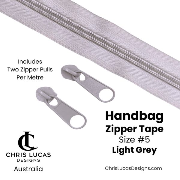 Light Grey Handbag Zipper Tape Size #5 Australian Bag Making Supplies Australia Chris Lucas Designs