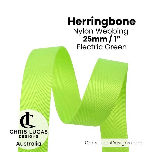 Electric Green 25mm Herringbone Nylon Webbing for bag straps and handles from Chris Lucas Designs Australia
