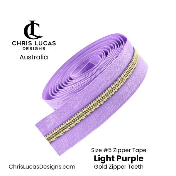 Light Purple Zipper Tape with Gold Zipper Teeth Size #5 Australian Bag Making Supplies Australia Chris Lucas Designs