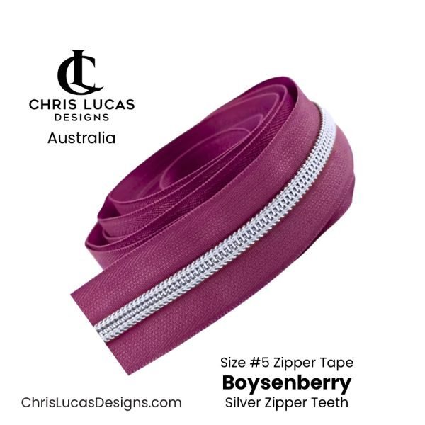 Boysenberry Zipper Tape with Silver Zipper Teeth Size #5 Australian Bag Making Supplies Australia Chris Lucas Designs