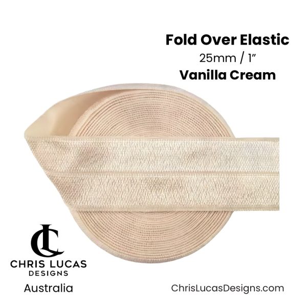Vanilla Cream Fold Over Elastic 1” / 25mm Australian Bag Making Supplies Australia Chris Lucas Designs